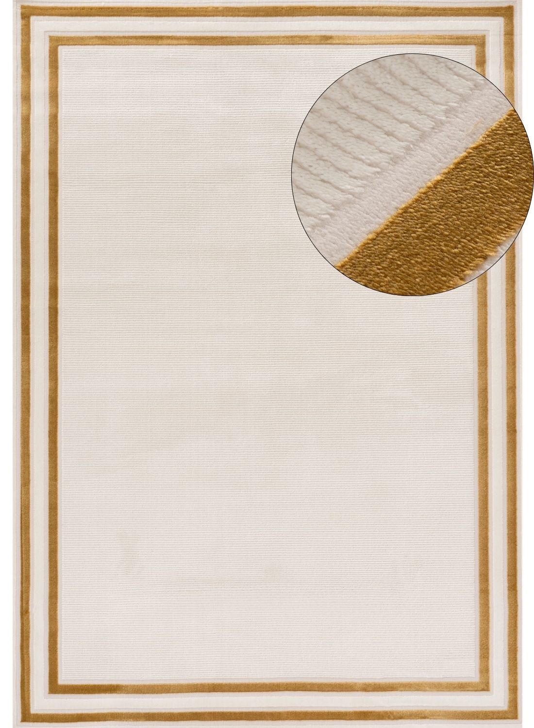 Cream-colored bordered rug with ribbed texture and gold trim perfect for adding warmth and style to any room