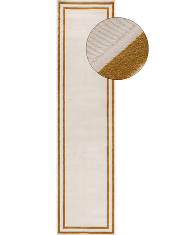 Cream-colored runner bordered rug with textured gold trim and subtle woven pattern for cozy spaces