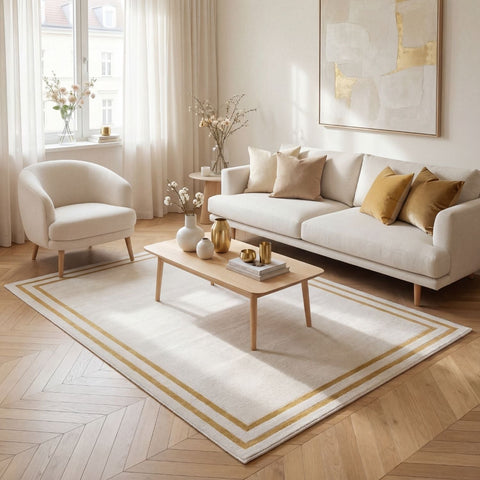 Cream-colored bordered rug with subtle gold trim and soft textured weave perfect for cozy living spaces