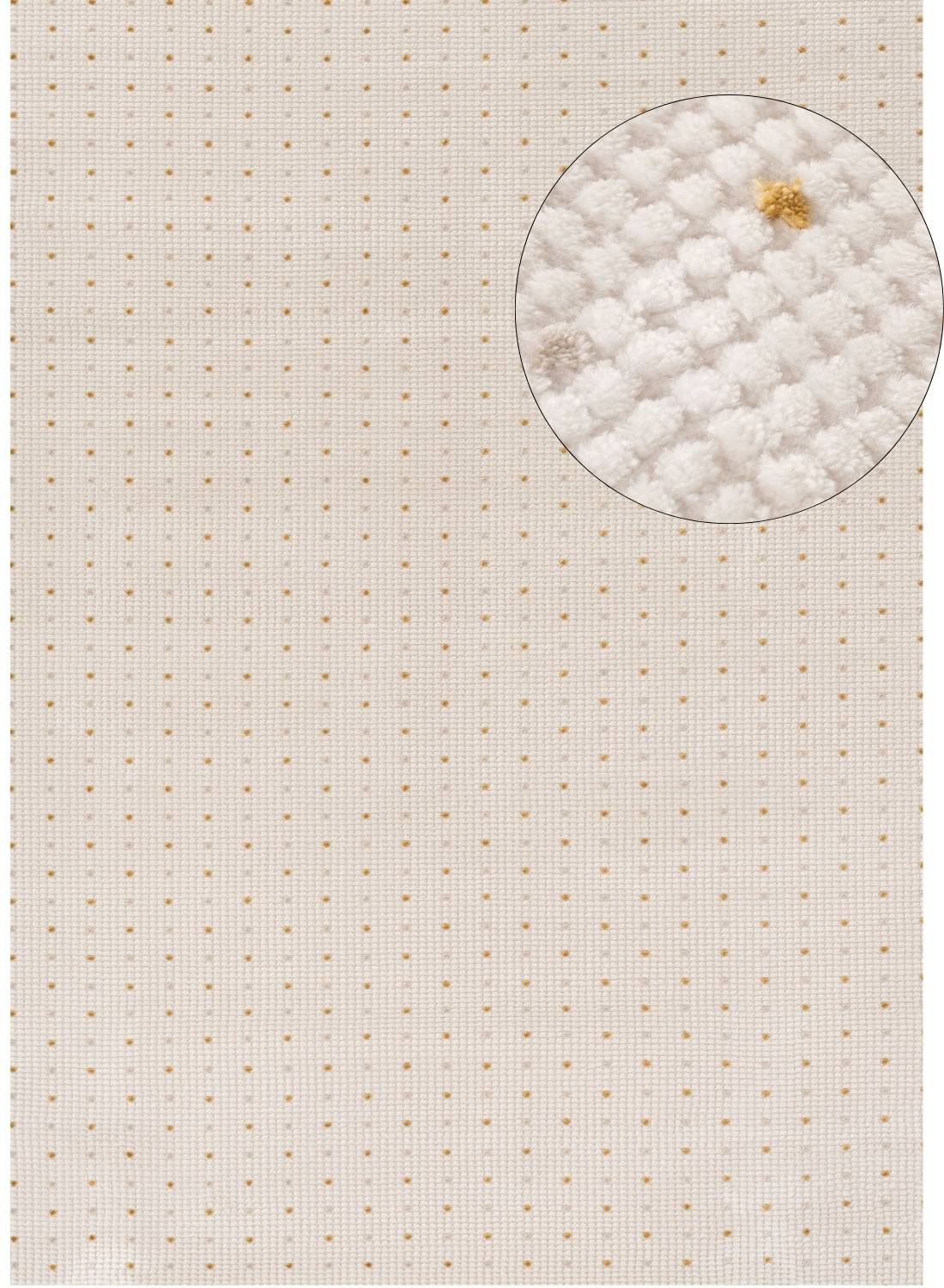 Beige cross-stitch dots rug with subtle gold pattern and close-up of white textured yarn for carmel cream gold dots rug 6080