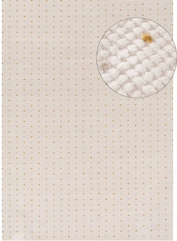Beige cross-stitch dots rug with subtle gold pattern and close-up of white textured yarn for carmel cream gold dots rug 6080