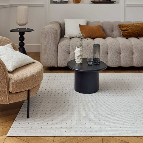 White carmel cream-gold dots rug with subtle gold dot pattern perfect for cozy living spaces dots rug