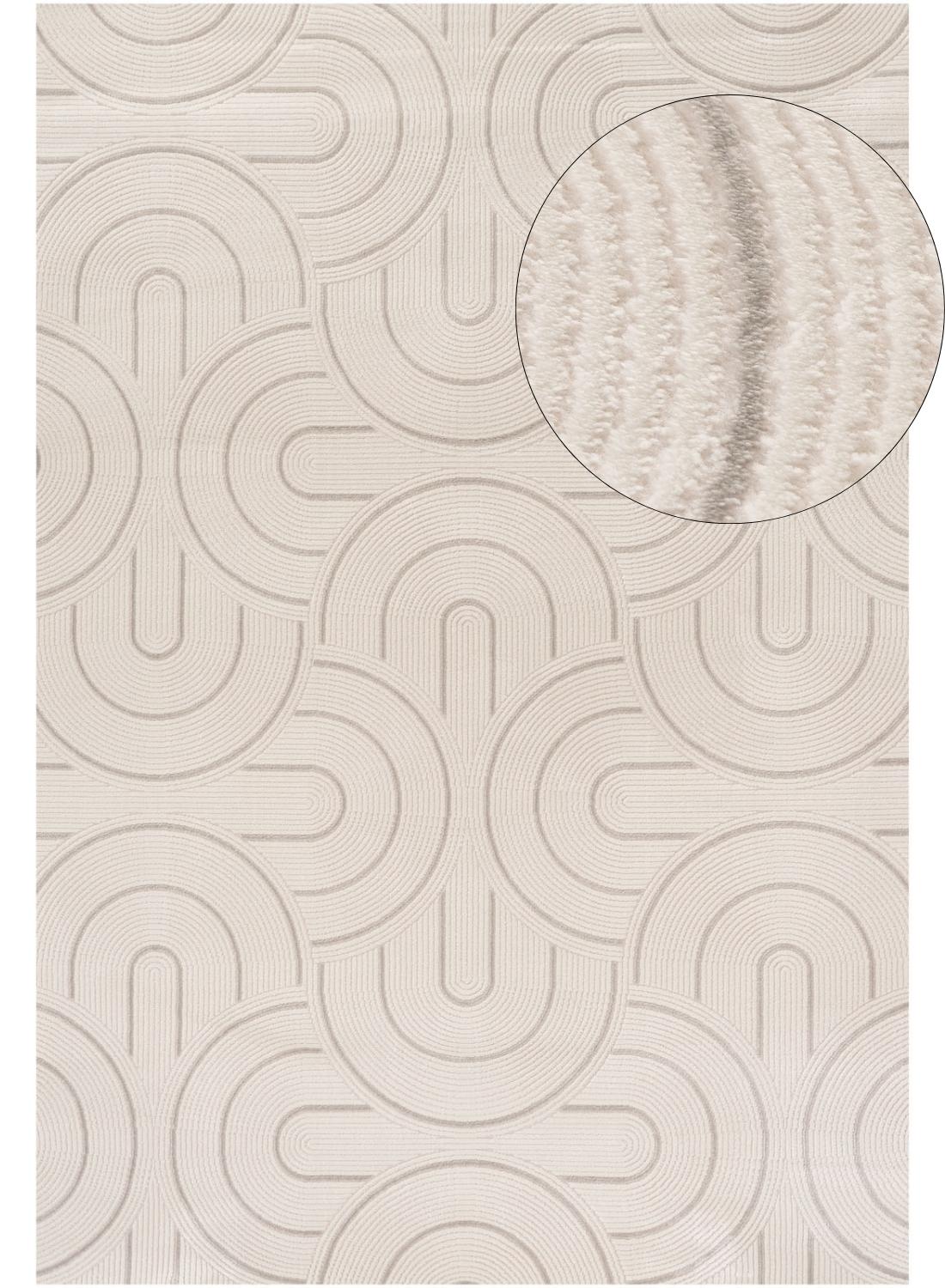 Beige carmel cream-grey geometric rug with subtle interlocking curved lines and a textured raised surface