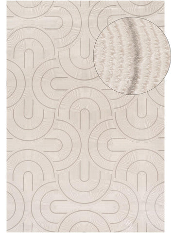 Beige carmel cream-grey geometric rug with subtle interlocking curved lines and a textured raised surface