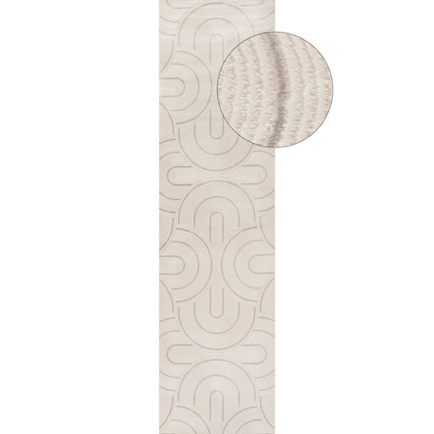 Beige carmel cream-grey geometric rug with subtle repeating arches and concentric circles pattern runner rug