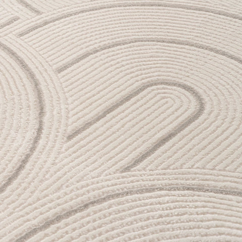 Beige textured carmel cream-grey geometric rug with subtle gray wave-like patterns for stylish floor decor