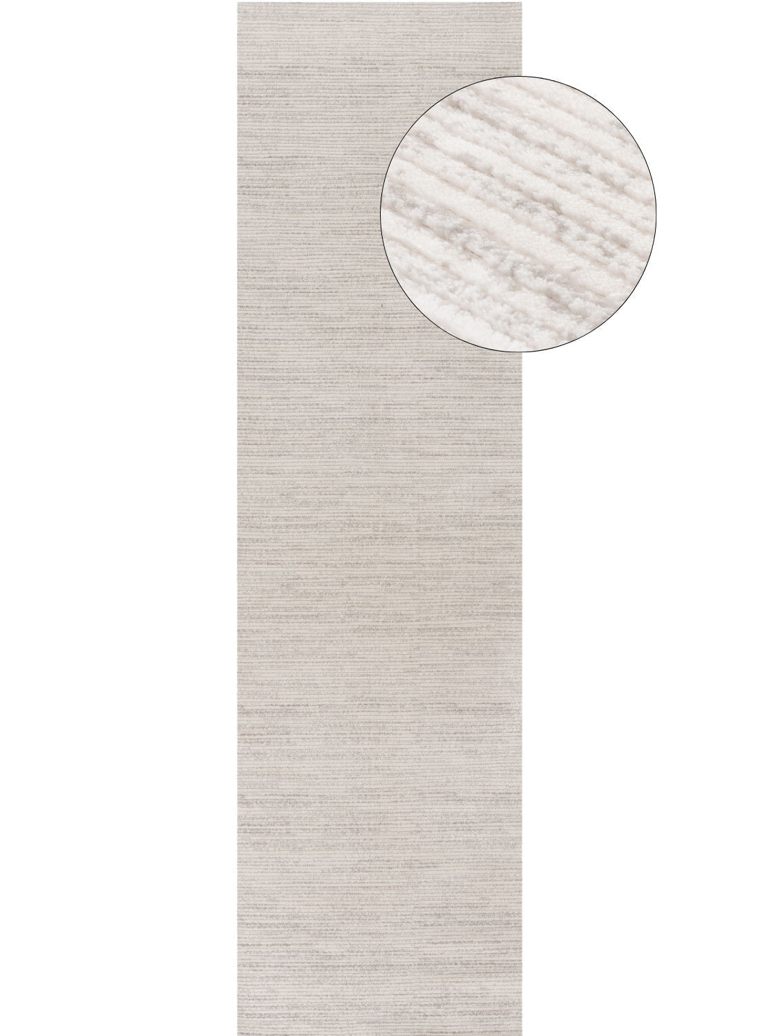 A long narrow runner striped rug in light gray with subtle horizontal stripes and a marble-like textured pattern