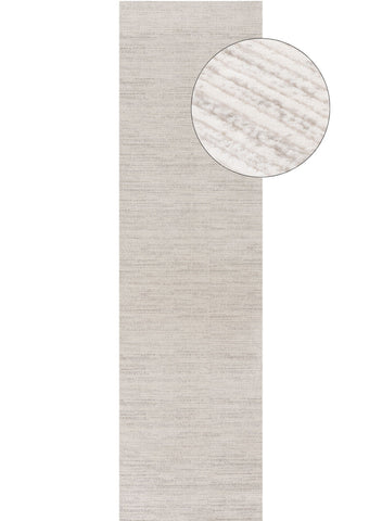 A long narrow runner striped rug in light gray with subtle horizontal stripes and a marble-like textured pattern