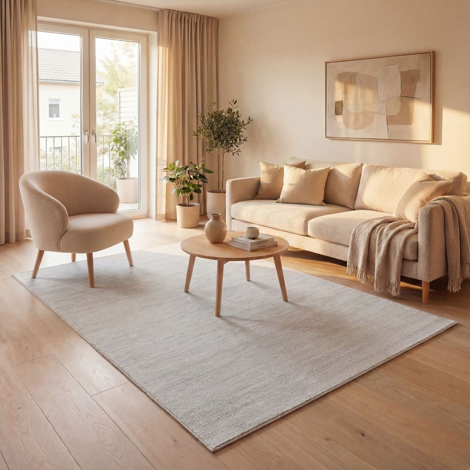 Beige carmel cream-grey striped rug with subtle woven pattern on light wood flooring for cozy living spaces