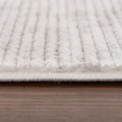 Carmel cream-grey striped rug with white textured ribbed pattern and neatly finished edge ideal for cozy spaces