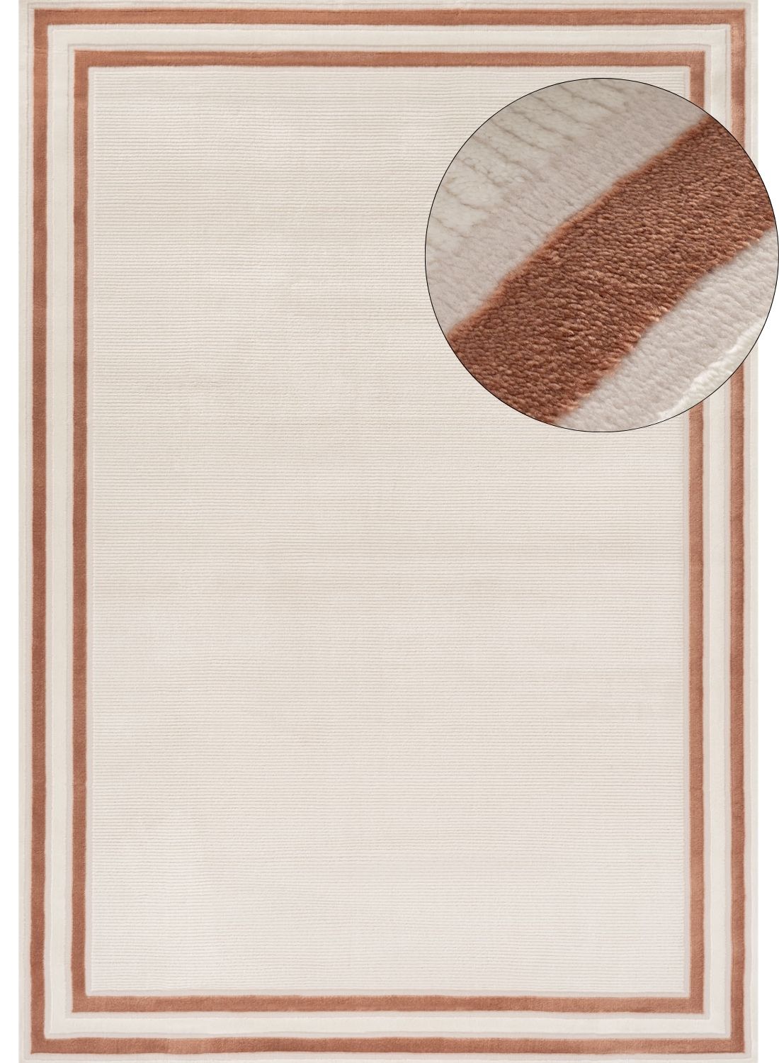 Cream-colored bordered rug with textured rust-brown border and subtle horizontal ribbing perfect for cozy spaces