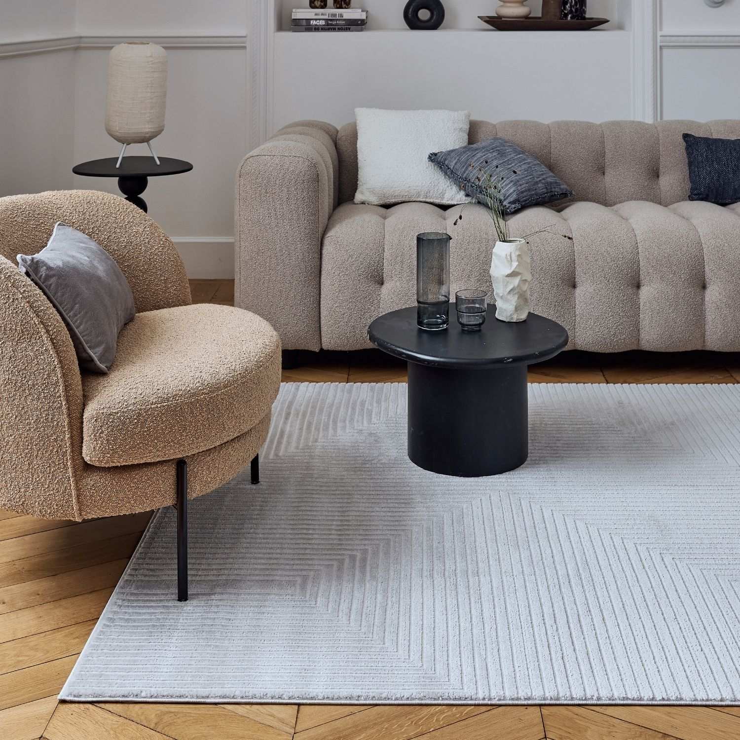 Light gray carmel grey-cream geometric rug with ribbed texture and subtle sheen perfect for modern spaces