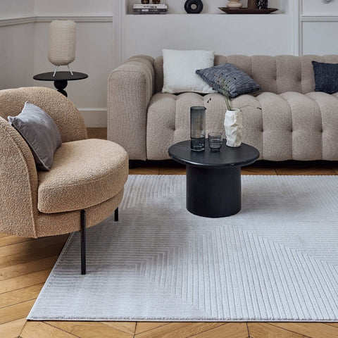 Light gray carmel grey-cream geometric rug with ribbed texture and subtle sheen perfect for modern spaces