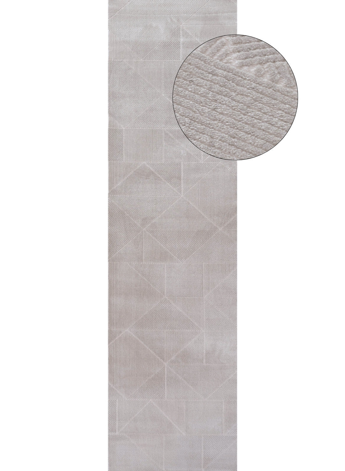 A carmel grey rug abstract featuring a light grey textured runner with a subtle geometric pattern and woven ribbed surface
