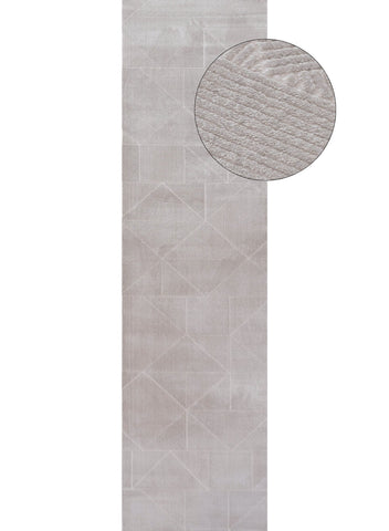 A carmel grey rug abstract featuring a light grey textured runner with a subtle geometric pattern and woven ribbed surface