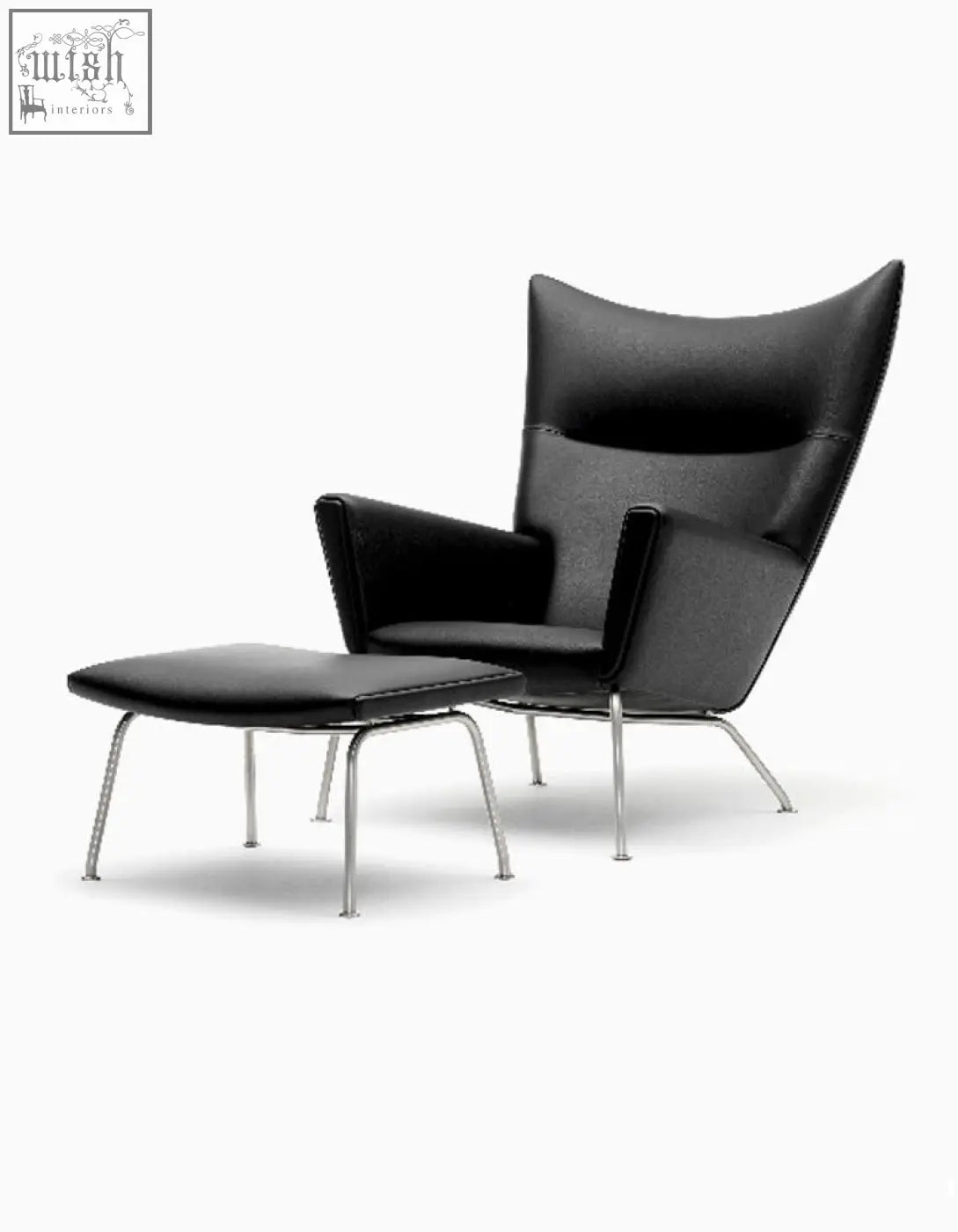 Carnaby high back armchair with ottoman in black leather featuring chrome legs and selected high-density elastic foam cushions
