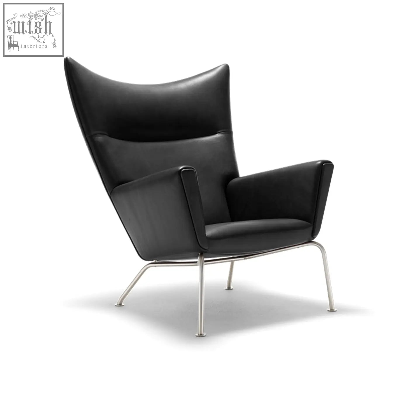 Black leather carnaby high back armchair with ottoman featuring carefully selected high-density elastic foam and chrome legs