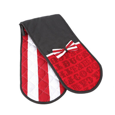 Red and white quilted carnival double oven glove with black border buck pattern and embroidered bow detail