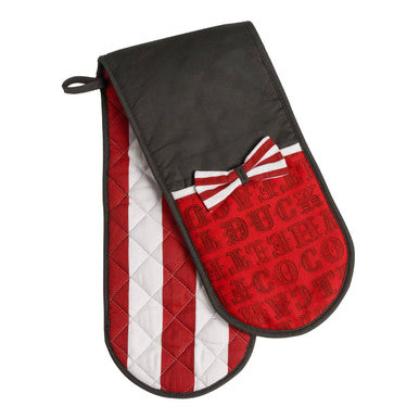 Red and white quilted fabric double oven glove with black top and decorative bow for safe double oven use