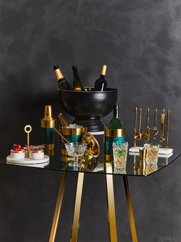 Black hammered ice bucket with gold rim and handles as carolina green enamel wine cooler and green enamel product