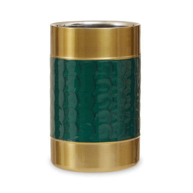 Green enamel cylindrical ashtray with gold metallic bands perfect for carolina green enamel wine cooler setup