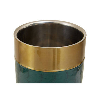 A sleek carolina green enamel wine cooler with a two-toned design featuring a deep teal body and polished gold rim