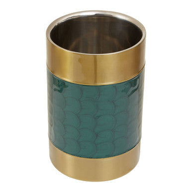 Teal and gold metallic cylindrical carolina green enamel wine cooler with textured scale-like pattern for wine storage