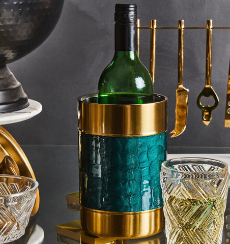 Carolina green enamel wine cooler with textured hammered finish in teal and gold for stylish drink chilling