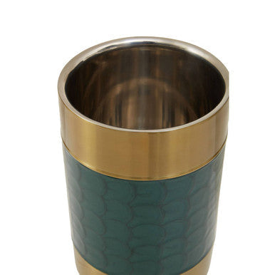 Teal textured carolina green enamel wine cooler with gold metallic accents top and bottom for chilling wine