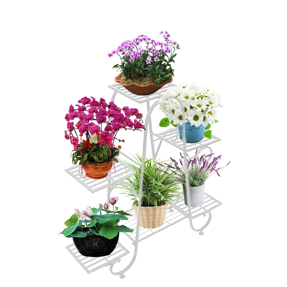 White metal plant stand with four tiers holding colorful pots is a pot holder shelf for indoor and outdoor use