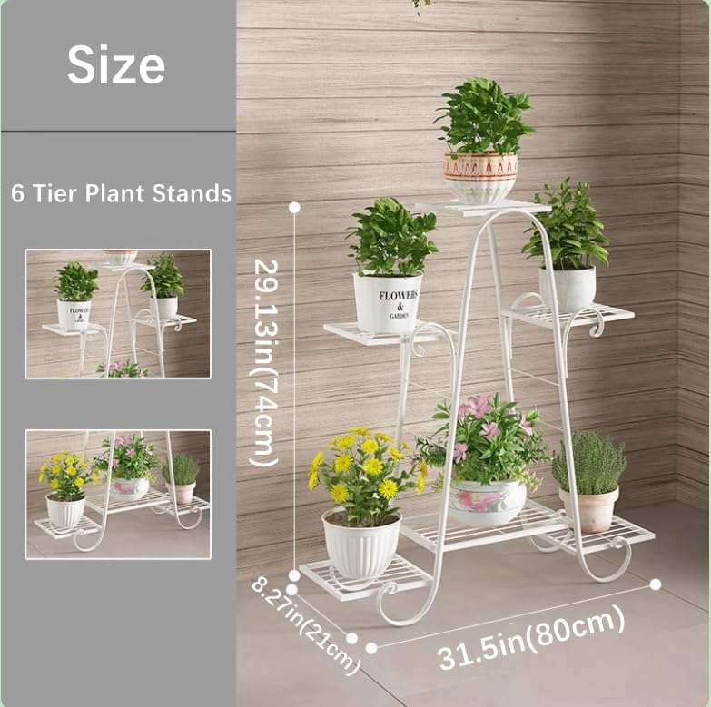 White metal 6 tier plant stand with curved legs and decorative scrollwork metal plant stand for indoors outdoors