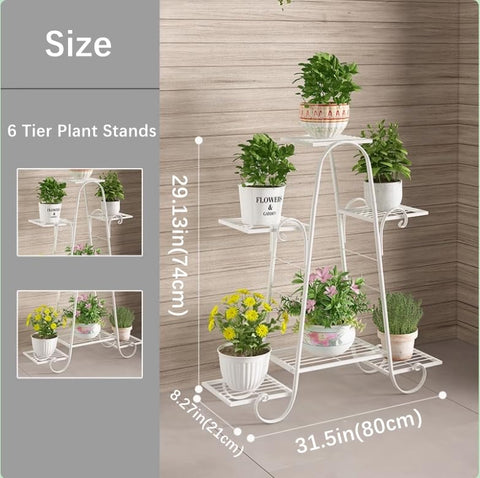 White metal 6 tier plant stand with curved legs and decorative scrollwork metal plant stand for indoors outdoors