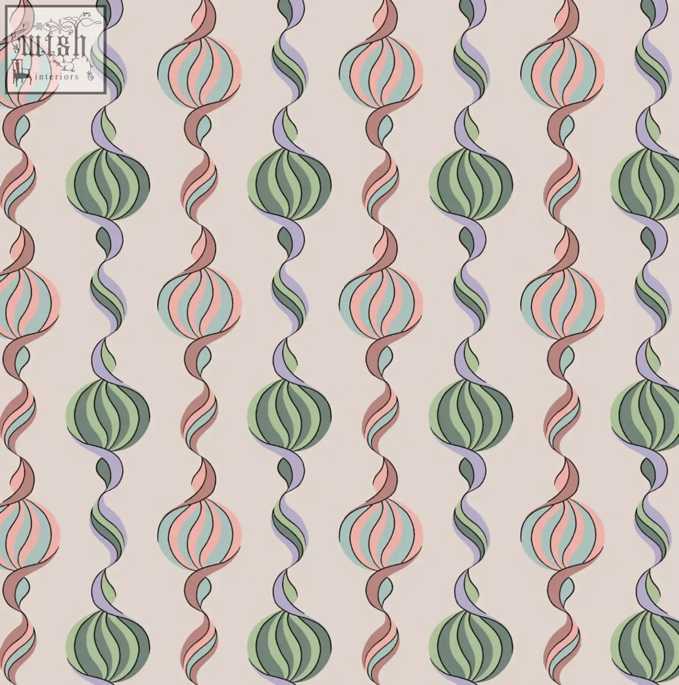 Pastel candy wallpaper featuring onion-shaped carousel twist motifs in a french block print by micaela sharp