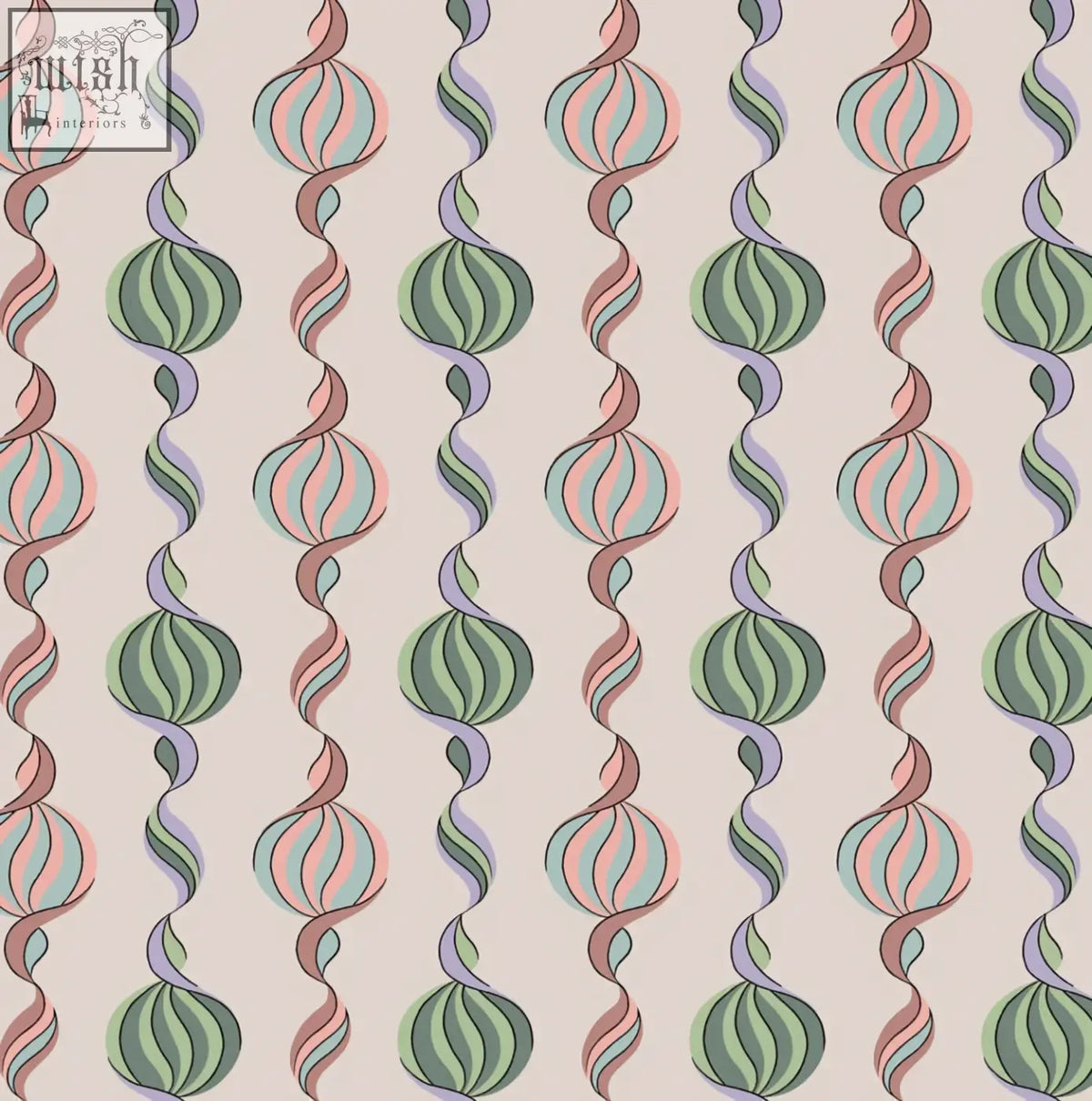 Pastel candy wallpaper featuring onion-shaped carousel twist motifs in a french block print by micaela sharp