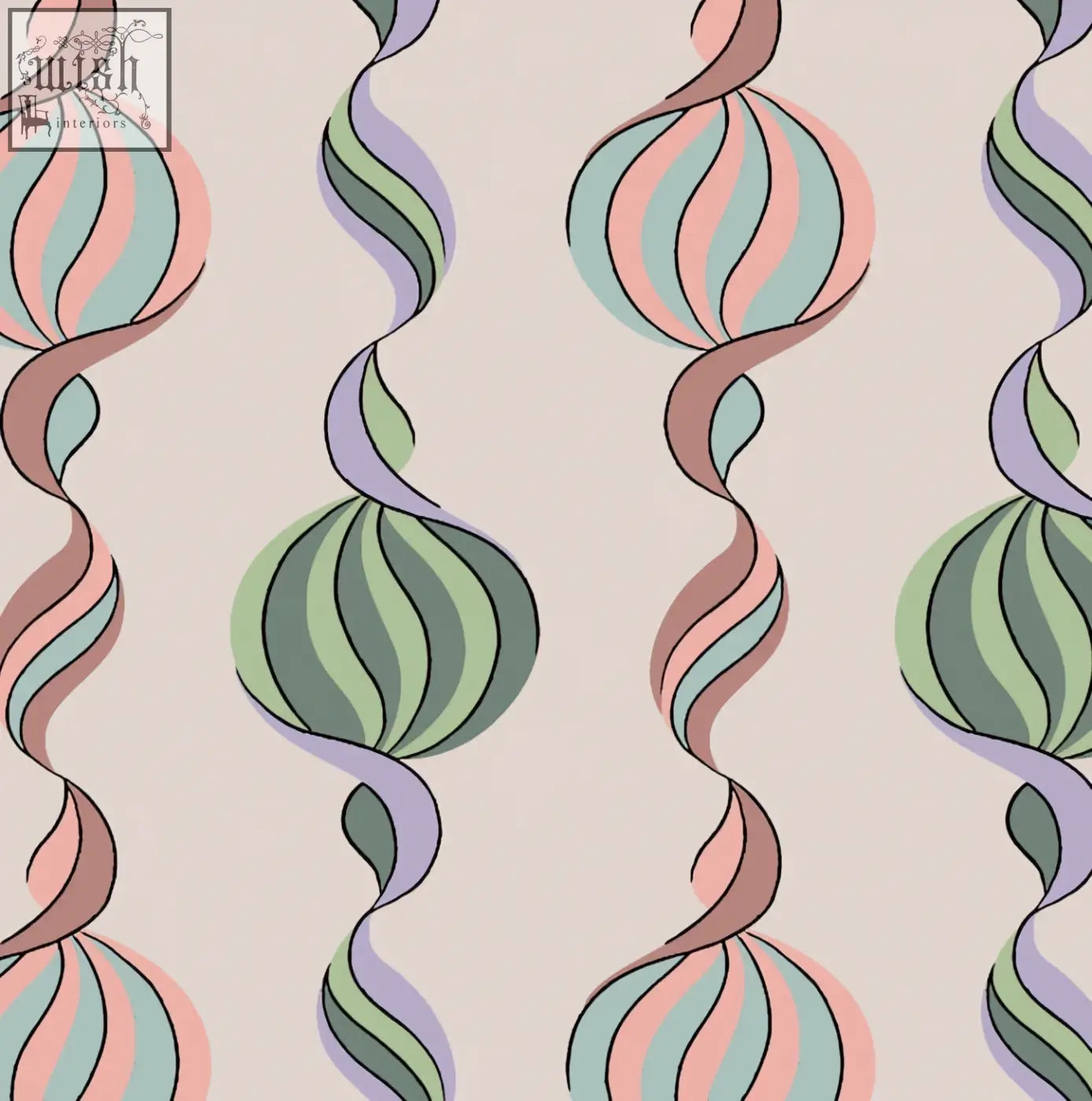 Pastel candy striped spiral wallpaper with french block print style in carousel twist design by micaela sharp