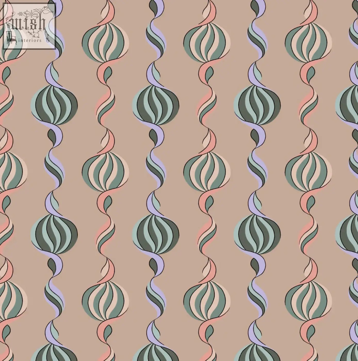Pastel-colored wallpaper with vintage shell spiral pattern in green and pink on beige from micaela sharp carousel twist collection
