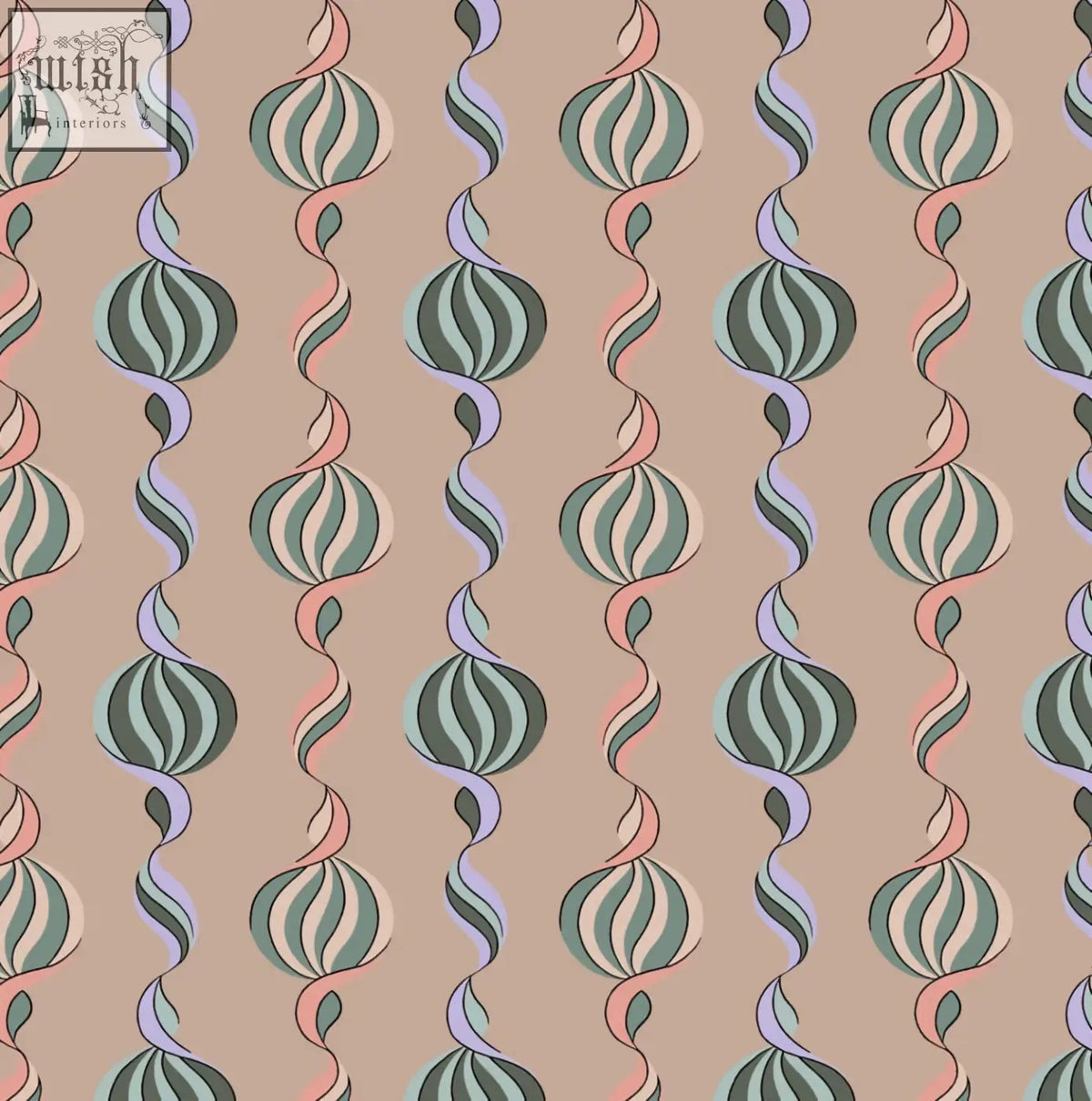 Pastel-colored wallpaper with vintage shell spiral pattern in green and pink on beige from micaela sharp carousel twist collection