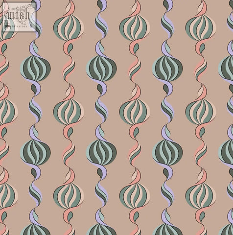 Pastel-colored wallpaper with vintage shell spiral pattern in green and pink on beige from micaela sharp carousel twist collection