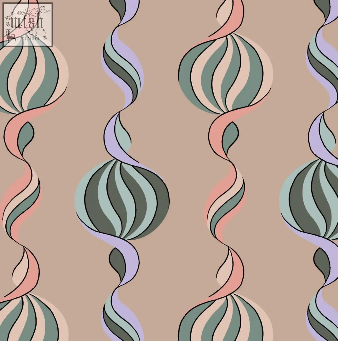 Pastel-colored abstract spiral wallpaper with green pink lavender stripes on beige from micaela sharp vintage shell carousel twist collection