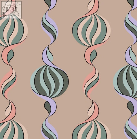 Pastel-colored abstract spiral wallpaper with green pink lavender stripes on beige from micaela sharp vintage shell carousel twist collection