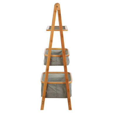 Bamboo ladder shelf storage unit with three grey fabric bins perfect for organizing your space