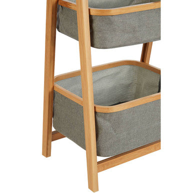 Carrick 3 tier storage unit with grey fabric bins and a light wood frame for easy home organization