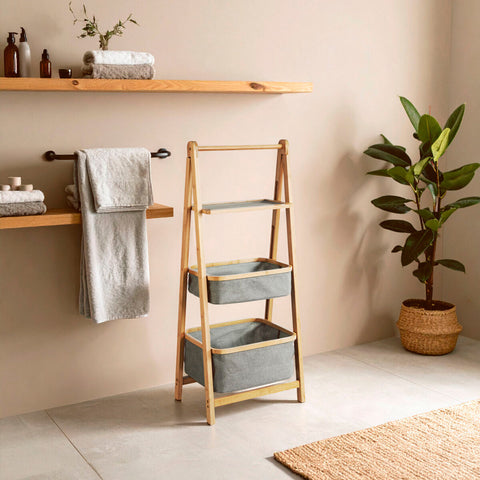 Carrick 3 tier wooden storage unit with light grey fabric bins for stylish and practical storage solutions