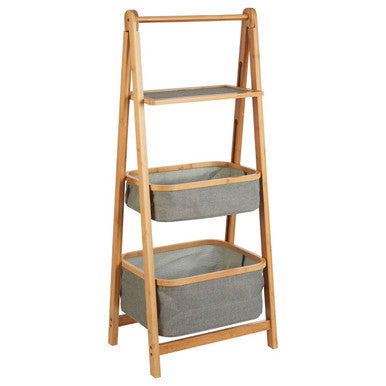 Carrick 3 tier storage unit with bamboo ladder frame and grey fabric storage bins for easy organization