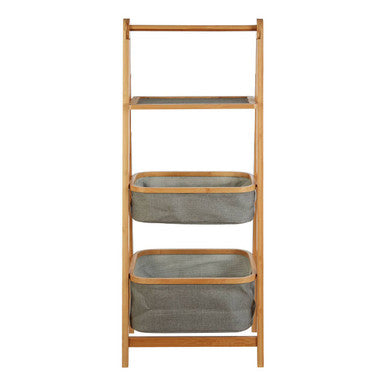 Carrick 3 tier storage unit with gray fabric bins and bamboo frame for stylish home storage solutions