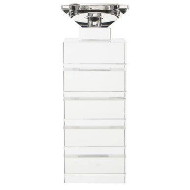 Clear acrylic dresser with six drawers and chrome top shown next to carrie clear finish small candle holder for decoration