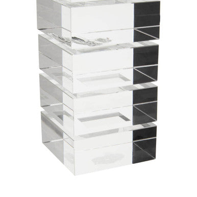 Carrie clear finish small candle holder made of clear acrylic with black accents and stacked rectangular blocks design