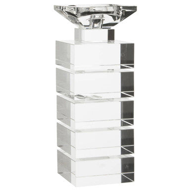 Carrie clear finish small candle holder made of clear acrylic with a tiered geometric design and faceted top
