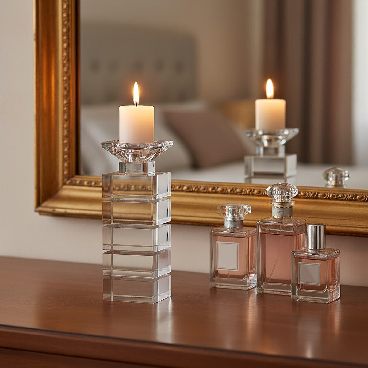 Clear crystal small candle holder with stacked square segments and faceted top for small candle use