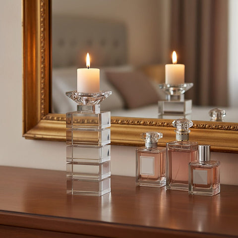Clear crystal small candle holder with stacked square segments and faceted top for small candle use